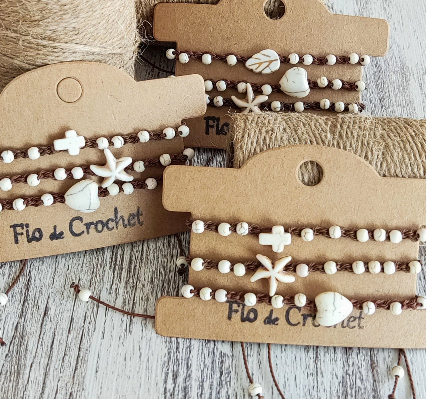 Pack de 3 Pulseiras ajustáveis de howlita branca /Boho / Praia